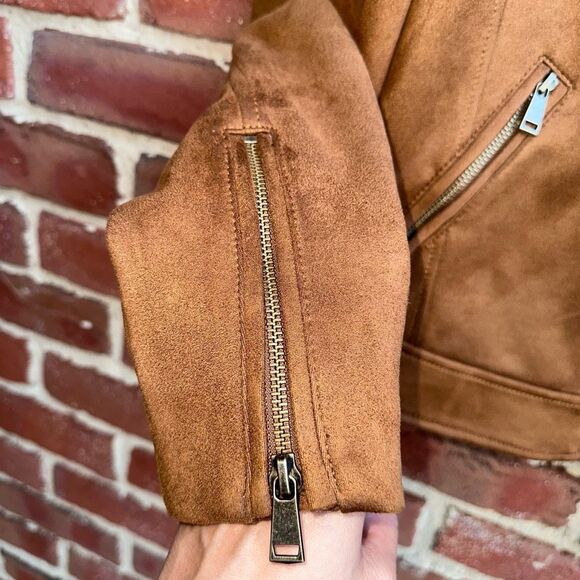 LOFT $160 Faux Suede Moto Jacket Toasted Biscotti Medium Tall NEW - Picture 3 of 8
